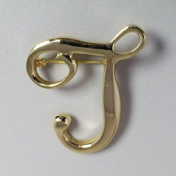 Vintage T or L Monogram Letter Brooch, Gold Tone Initial Lapel Pin, Estate - Picture 6 of 7